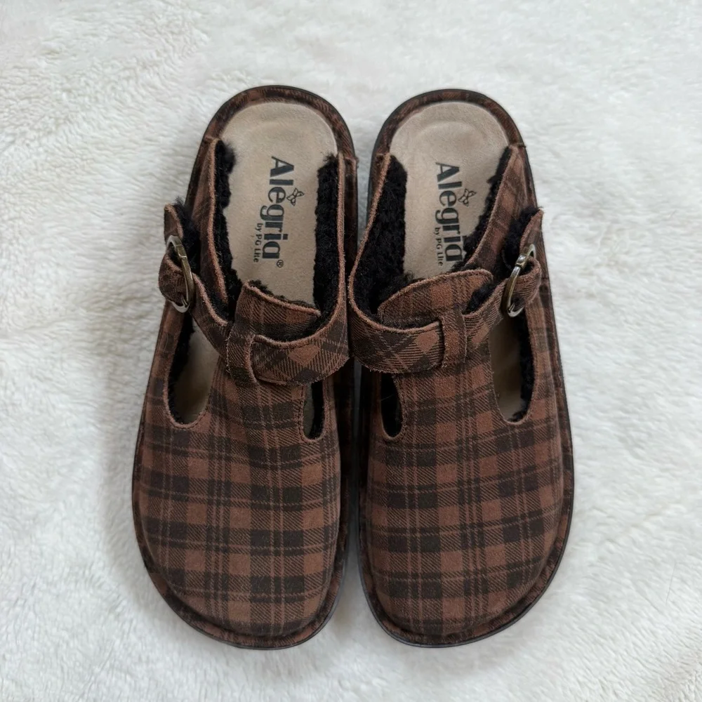 Alegria Brown Plaid Classic Kickin it Shearling Clog Size 8 - Picture 5 of 10